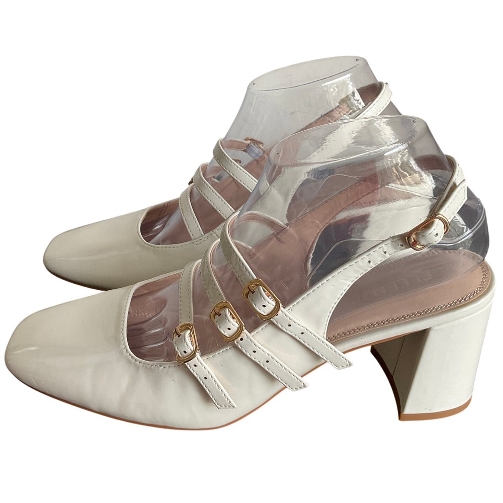 Womens Cream Patent Multi‎ Strap Mary Jane Block Heel Pumps Square Toe 8.5